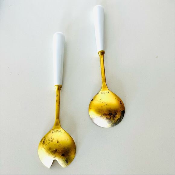 VINTAGE Gold Brass White Enamel Handle Salad Spoon Tosser Serving Utensil Set - Picture 4 of 6